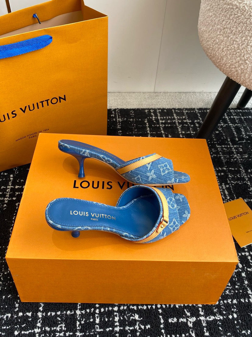louis V denim kitten heels