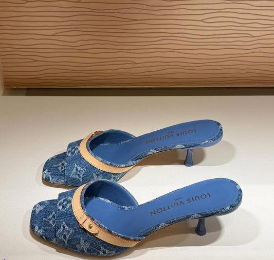 louis V denim kitten heels