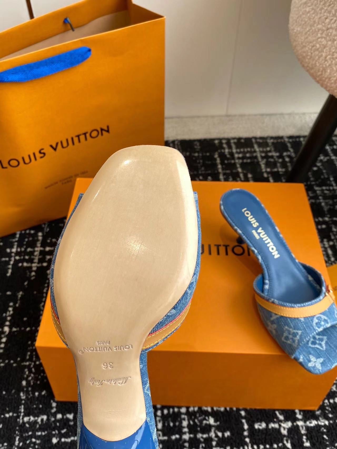 louis V denim kitten heels