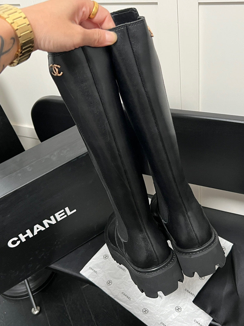 chanel black knee boots